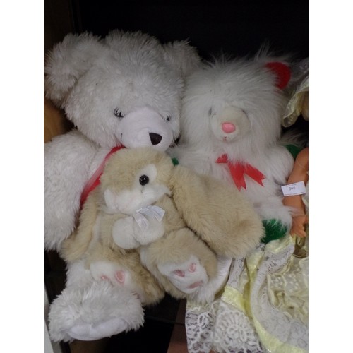 295 - SHELF OF CUDDLY TOYS - TEDDY BEARS, RABBIT, MEERKAT, AND A VINTAGE DOLL