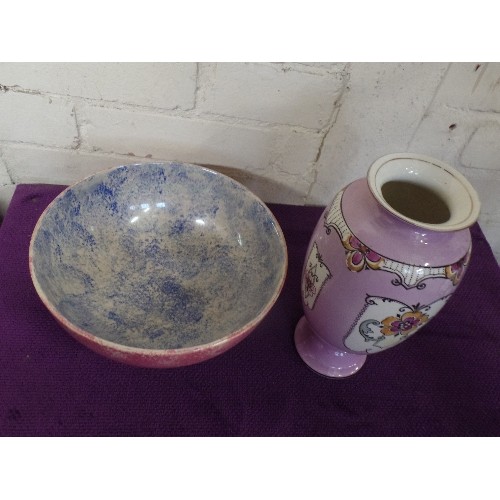 259 - 2 ATTRACTIVE POTTERY ITEMS, INC A GOVANCROFT BOWL WITH LUSTRE FINISH, TOGETHER WITH AN ART DECO VASE... 