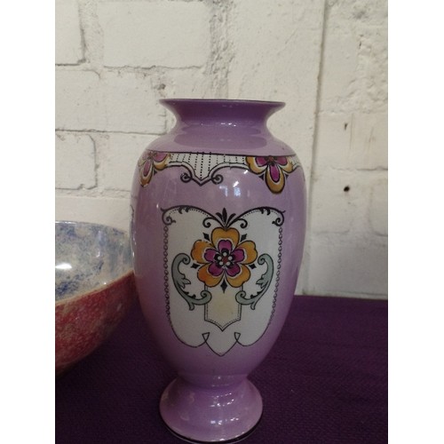 259 - 2 ATTRACTIVE POTTERY ITEMS, INC A GOVANCROFT BOWL WITH LUSTRE FINISH, TOGETHER WITH AN ART DECO VASE... 