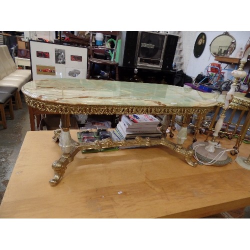 545 - RETRO ONYX AND GOLD GILT COLUMN COFFEE TABLE.