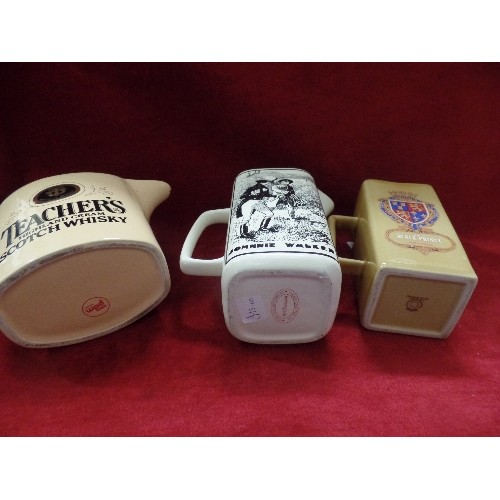 84 - 3 X BRANDED WHISKY JUGS. INC A WADE/PDM TEACHERS, ALSO A JOHNNIE WALKER & BLACK PRINCE.