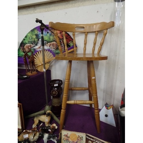 140 - TALL BAR STOOL WITH WIDE SEAT & BACK. TURNED SPINDLES & LEGS.