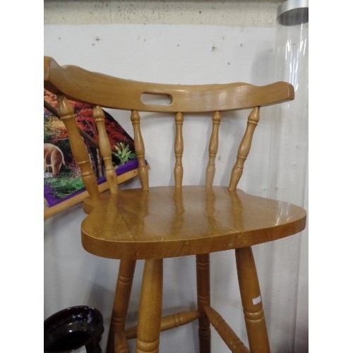 140 - TALL BAR STOOL WITH WIDE SEAT & BACK. TURNED SPINDLES & LEGS.