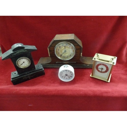 234 - VINTAGE SLATE MANTLE CLOCK, A WOODEN MANTLE CLOCK, A CARRIAGE CLOCK, AND AN ALARM CLOCK