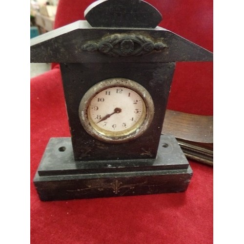 234 - VINTAGE SLATE MANTLE CLOCK, A WOODEN MANTLE CLOCK, A CARRIAGE CLOCK, AND AN ALARM CLOCK