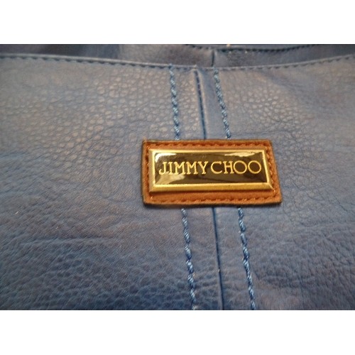 237 - LARGE JIMMY CHOO STYLE SHOULDER BAG. MULTIPLE POCKETS. BLUE WITH LEATHER DETAIL. NEW CONDITION.