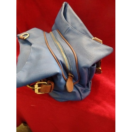 237 - LARGE JIMMY CHOO STYLE SHOULDER BAG. MULTIPLE POCKETS. BLUE WITH LEATHER DETAIL. NEW CONDITION.