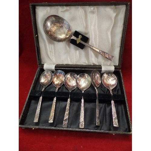 243 - SILVER-PLATE DESSERT & SERVING SPOON SET, ORIGINAL BOX. TOGETHER WITH A SMALL PLATED TEAPOT.