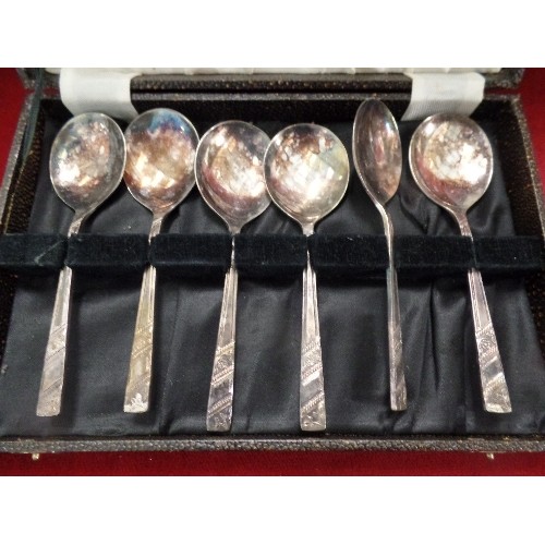 243 - SILVER-PLATE DESSERT & SERVING SPOON SET, ORIGINAL BOX. TOGETHER WITH A SMALL PLATED TEAPOT.