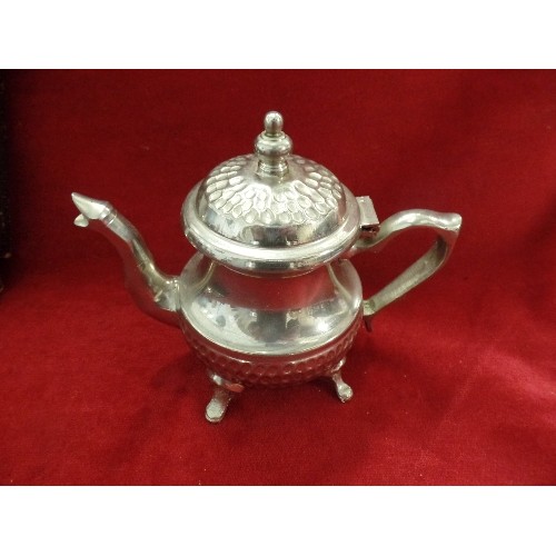 243 - SILVER-PLATE DESSERT & SERVING SPOON SET, ORIGINAL BOX. TOGETHER WITH A SMALL PLATED TEAPOT.