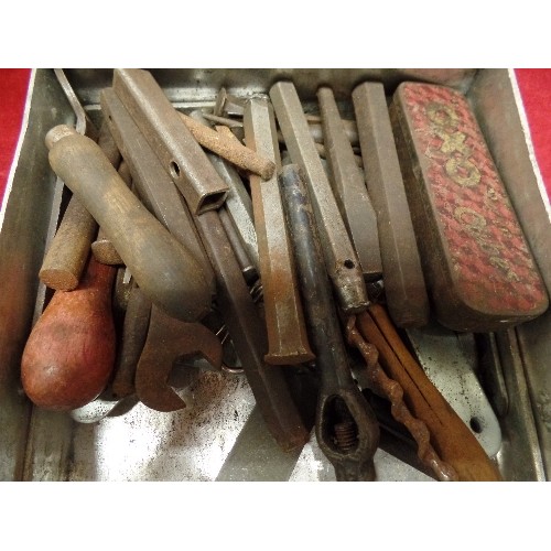 254 - OLD GALVANISED TIN 'CAV PROPERTY' FULL OF TOOL ITEMS, DRILL BITS, SPANNERS ETC ETC.