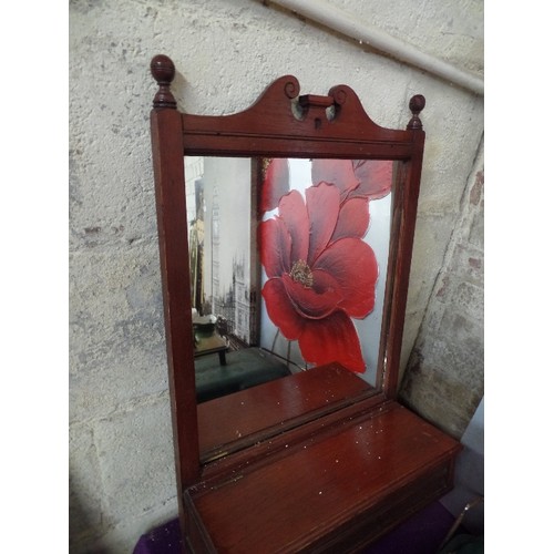 265 - VINTAGE WALL MIRROR WITH HINGED LID STORAGE COMPARTMENT.