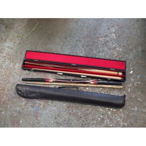 529 - 2 X SNOOKER/BILLIARD CUES IN CASES, 1 BY RILEY.