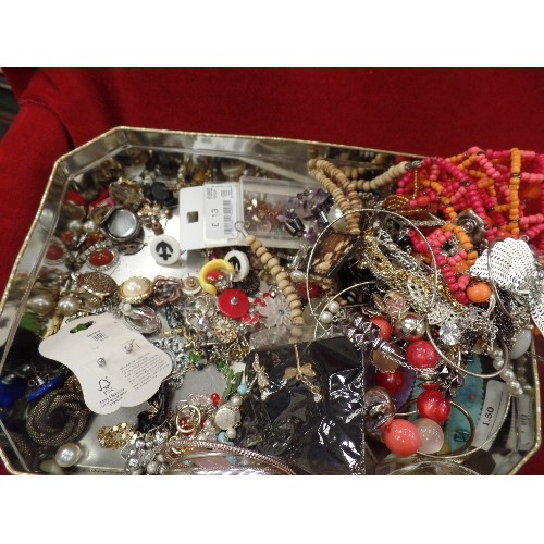 565 - BOX OF COSTUME JEWELLERY. COIN CHARM BRACELET, GREEN HEART PILLBOX, ROSE QUARTZ PENDANT ETC.