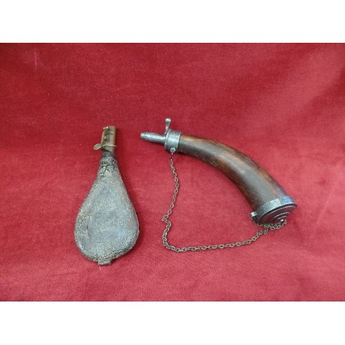 570 - ANTIQUE LEATHER AND BRASS GUNPOWDER FLASK, A WOOD AND METAL GUNPOWDER HORN.