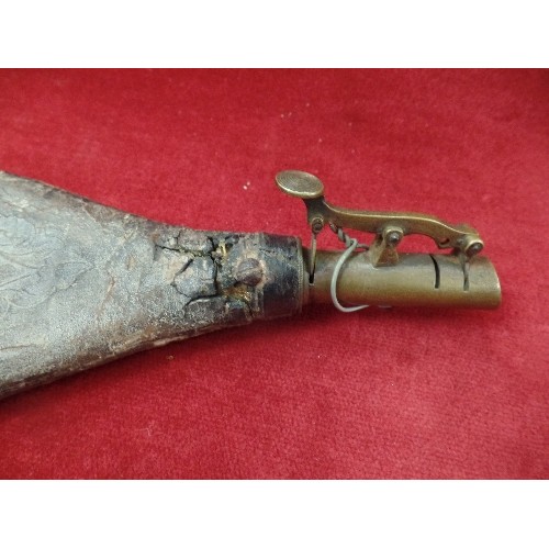 570 - ANTIQUE LEATHER AND BRASS GUNPOWDER FLASK, A WOOD AND METAL GUNPOWDER HORN.