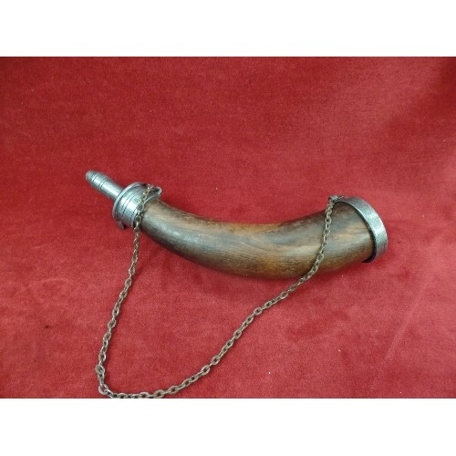 570 - ANTIQUE LEATHER AND BRASS GUNPOWDER FLASK, A WOOD AND METAL GUNPOWDER HORN.