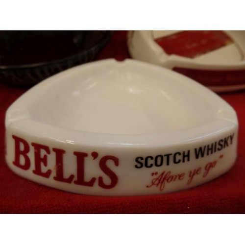 572 - 5 X WHISKY ADVERTISING ASHTRAYS. BELLS, JOHNNY WALKER, TEACHERS, GRANTS, AND VAT 69.