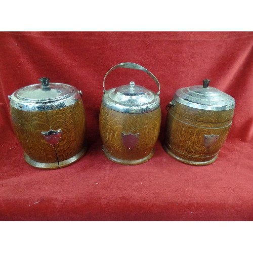 630 - 3 X OAK AND SILVER-PLATE CERAMIC LINED ICE BUCKETS.