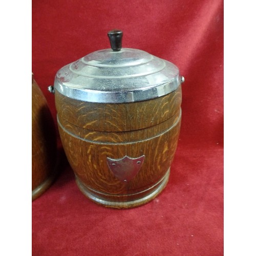 630 - 3 X OAK AND SILVER-PLATE CERAMIC LINED ICE BUCKETS.