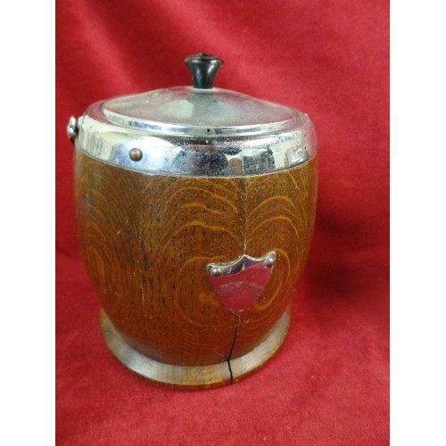 630 - 3 X OAK AND SILVER-PLATE CERAMIC LINED ICE BUCKETS.