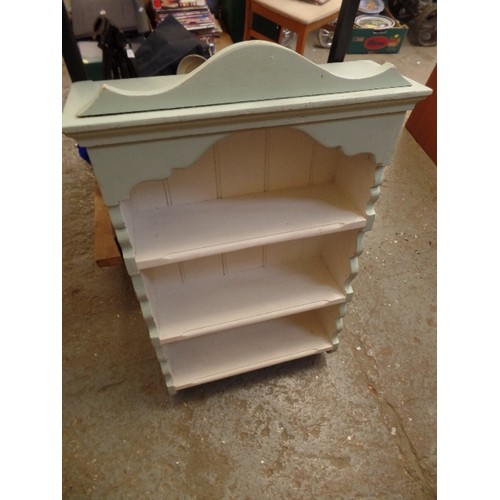 634 - PLAIN PAINTED KITCHEN SHELF UNIT. IN DUCK-EGG GREEN AND CREAM