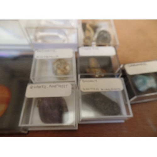 638 - QUANTITY OF BOXED GEMSTONES. INC TIGER-EYE, BASALT, ORSIDION, SNOWFLAKE, QUARTZ ETC.