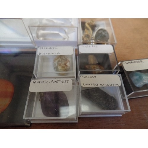 638 - QUANTITY OF BOXED GEMSTONES. INC TIGER-EYE, BASALT, ORSIDION, SNOWFLAKE, QUARTZ ETC.