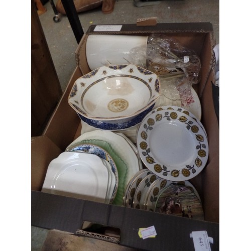 645 - BOX OF MIXED CHINA. PLATES, MEAKIN BOWL ETC.