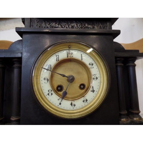 133 - VERY HEAVY VINTAGE POLISHED SLATE MANTLE CLOCK FLANKED BY DORIC COLUMNS. 'FABRIQUE DE PARIS NUMBER 4... 