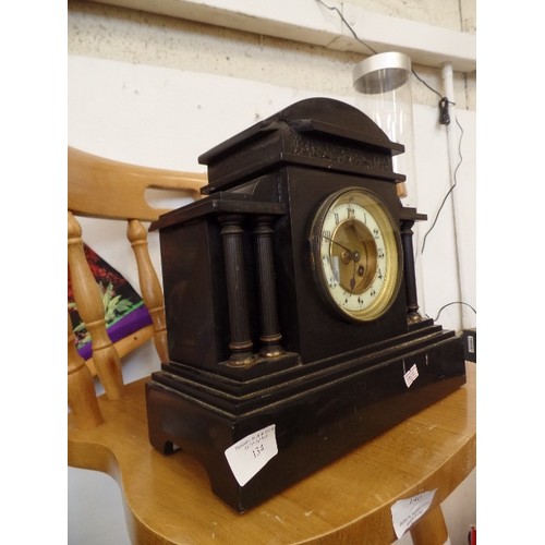 133 - VERY HEAVY VINTAGE POLISHED SLATE MANTLE CLOCK FLANKED BY DORIC COLUMNS. 'FABRIQUE DE PARIS NUMBER 4... 