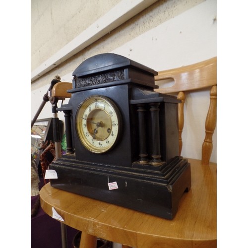 133 - VERY HEAVY VINTAGE POLISHED SLATE MANTLE CLOCK FLANKED BY DORIC COLUMNS. 'FABRIQUE DE PARIS NUMBER 4... 