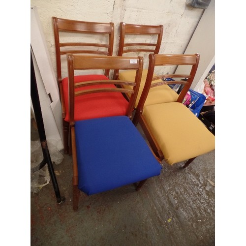 794 - SET OF 4 WALNUT FLUTED LEG DINING CHAIRS WITH RED, BLUE AND 2 YELLOW SEAT PADS