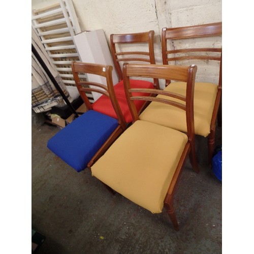 794 - SET OF 4 WALNUT FLUTED LEG DINING CHAIRS WITH RED, BLUE AND 2 YELLOW SEAT PADS