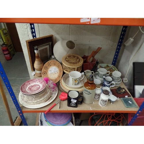 789 - SHELF OF MIXED CHINA TO INCLUDE 2 MUSTARD JARS FROM COLMANS AND THE MUSTARD SHOP, PART RETRO TEA SET... 