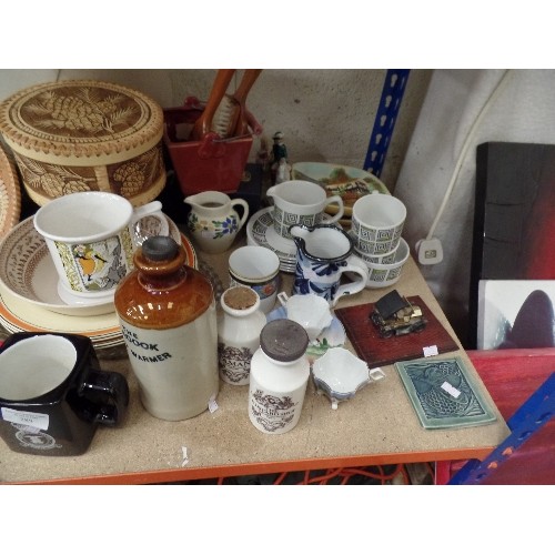 789 - SHELF OF MIXED CHINA TO INCLUDE 2 MUSTARD JARS FROM COLMANS AND THE MUSTARD SHOP, PART RETRO TEA SET... 