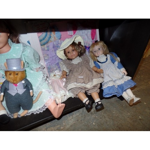 786 - SHELF OF MIXED COLLECTORS AND OTHER DOLLS AND A BOXED 4 DOLLS FASHION DRESSES