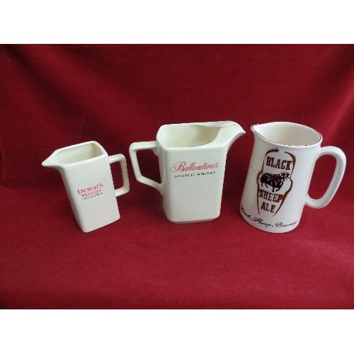 79 - 3 X BRANDED BAR JUGS. INC [WADE/PDM] BALLANTINES & DEWARS WHISKY, & BLACK SHEEP ALE.