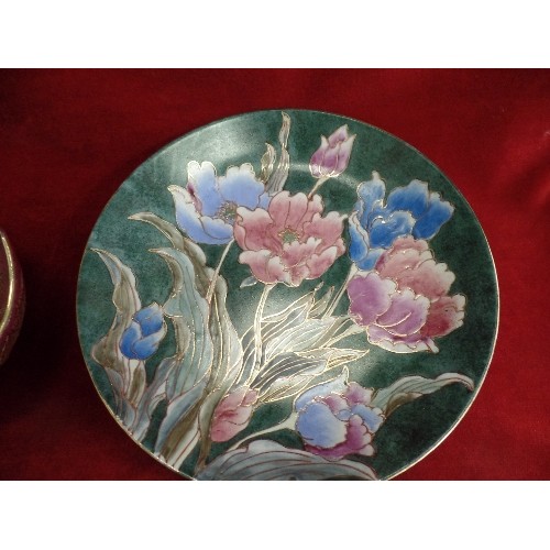 134 - BRASS HAND PAINTED PLATE, BRASS PAINTED BOWL AND JAPANESE VASE