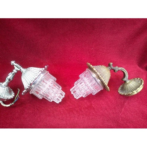 89 - TWO HEAVY VINTAGE WALL LIGHTS, ONE IN PRESSED GLASS WITH BRASS METAL, THE OTHER IN CHROME PLATED FIN... 