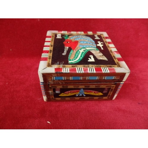 92 - TWO UNUSUAL TRINKET BOXES INLAID WITH MOTHER OF PEARL AND PAINTED DECORATION IN EGYPTIAN STYLE. ALSO... 