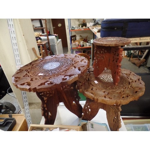 132 - 3 X SMALL INDIAN CARVED INLAID TABLES. GRADUATED SIZES BUT NOT QUITE MATCHING.