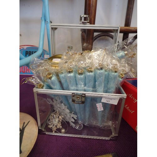 191 - CLEAR ACRYLIC CARRY CASE, CONTAINING 34 X BRAND-NEW SPARKLY BABY BLUE CANDLE BAUBLES, ALSO SNOWFLAKE... 