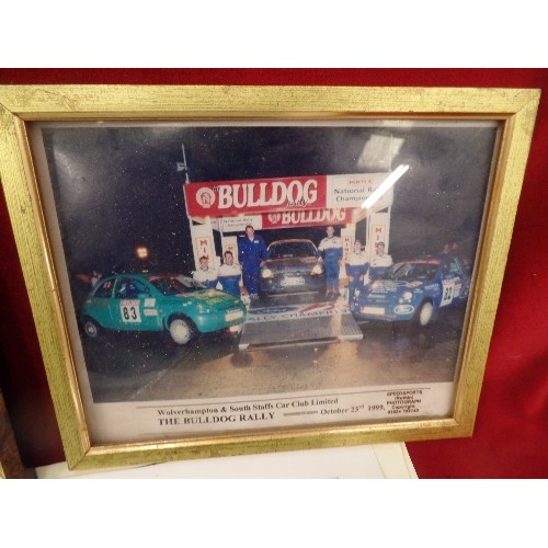 217 - 2 FRAMED AND GLAZED PRINTS BULLDOGRALLY 1999 AND FOREST RALLY 1999 AND F1 CLASSICS UNFRAMED PRINTS