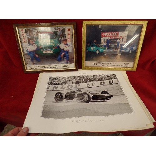 217 - 2 FRAMED AND GLAZED PRINTS BULLDOGRALLY 1999 AND FOREST RALLY 1999 AND F1 CLASSICS UNFRAMED PRINTS