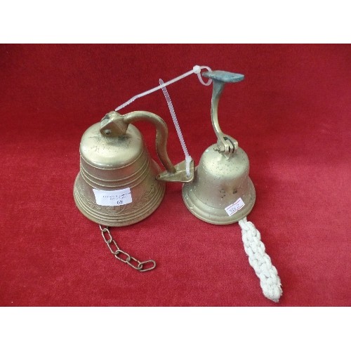 68 - PAIR OF VINTAGE BRASS BELLS WITH WALL BRACKETS.