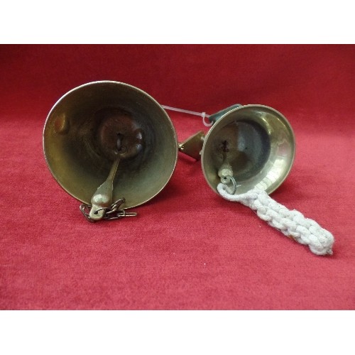 68 - PAIR OF VINTAGE BRASS BELLS WITH WALL BRACKETS.