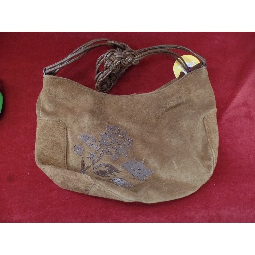 84 - COW-LEATHER SUEDE BAG WITH LEATHER KNOTTED STRAP. MONOVA-SPAIN. LOOKS NEW CONDITION. LOOKS NEW CONDI... 