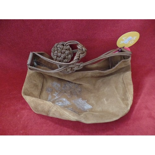 84 - COW-LEATHER SUEDE BAG WITH LEATHER KNOTTED STRAP. MONOVA-SPAIN. LOOKS NEW CONDITION. LOOKS NEW CONDI... 