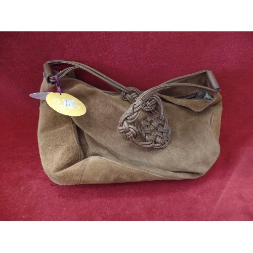 84 - COW-LEATHER SUEDE BAG WITH LEATHER KNOTTED STRAP. MONOVA-SPAIN. LOOKS NEW CONDITION. LOOKS NEW CONDI... 